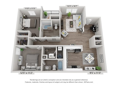 Floor plan for 2 beds, 2 baths, 1130 sqft